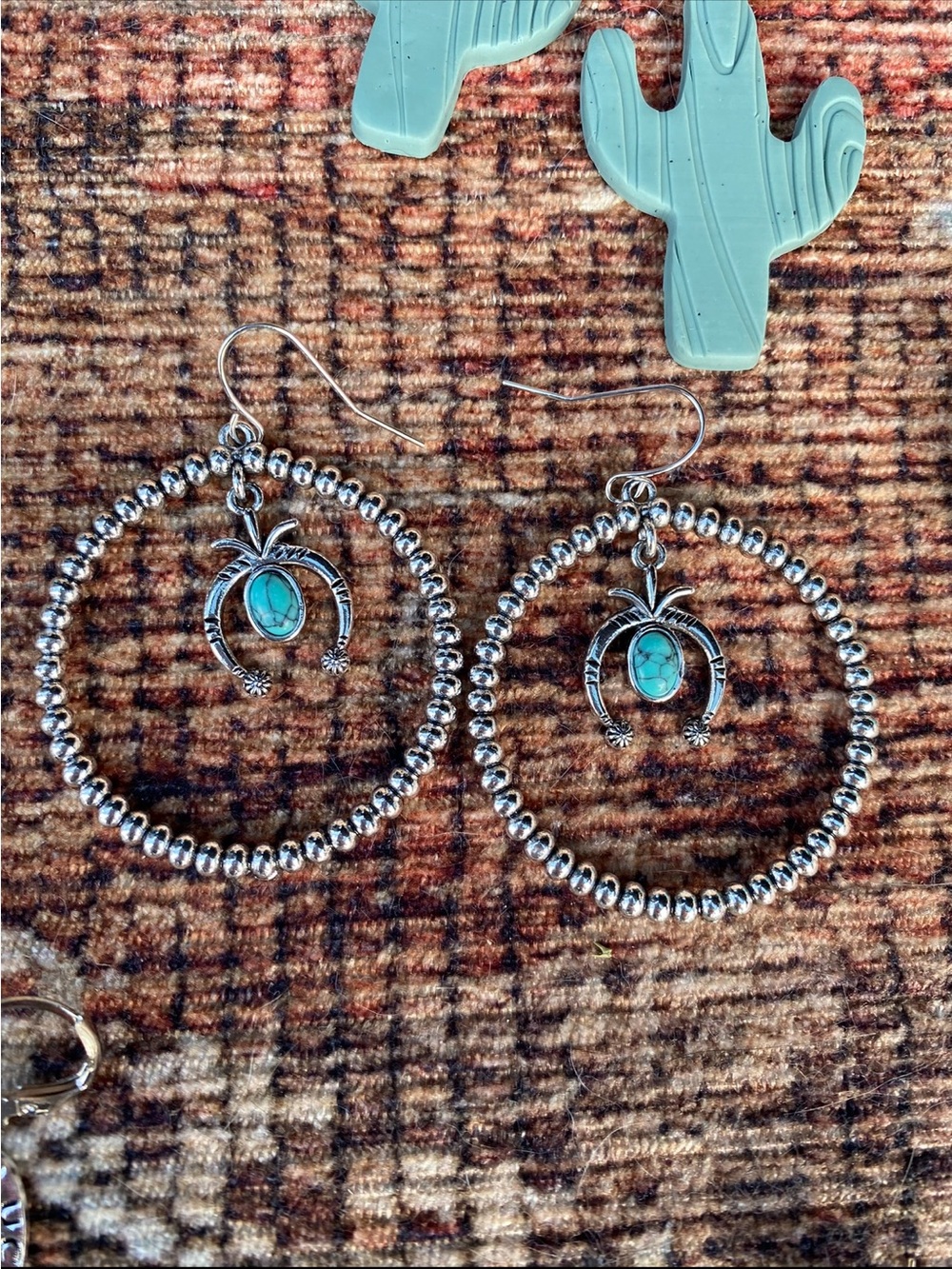 Silver Hoop Earrings with Turquoise Accent - Women Jewelry